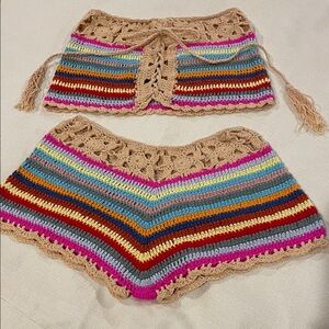 Colorful Boho Crochet Top and Shorts Set Bikini Coverup Women’s Small